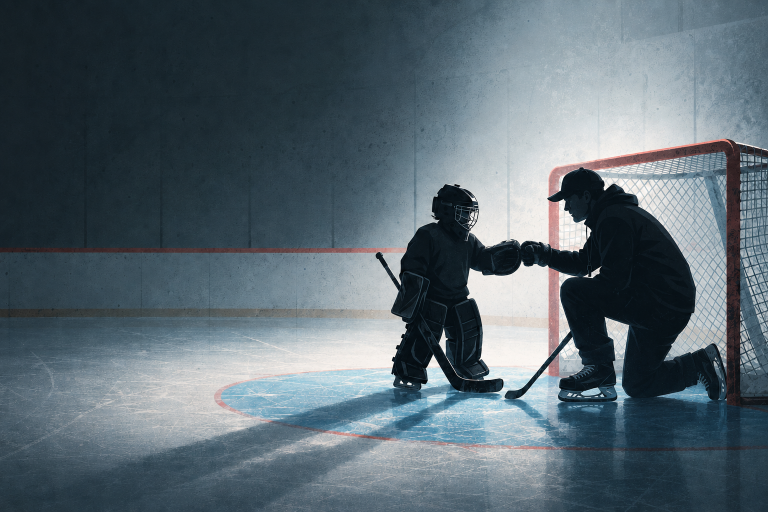 A youth goalie glove-bumping a kneeling goalie coach beside the net