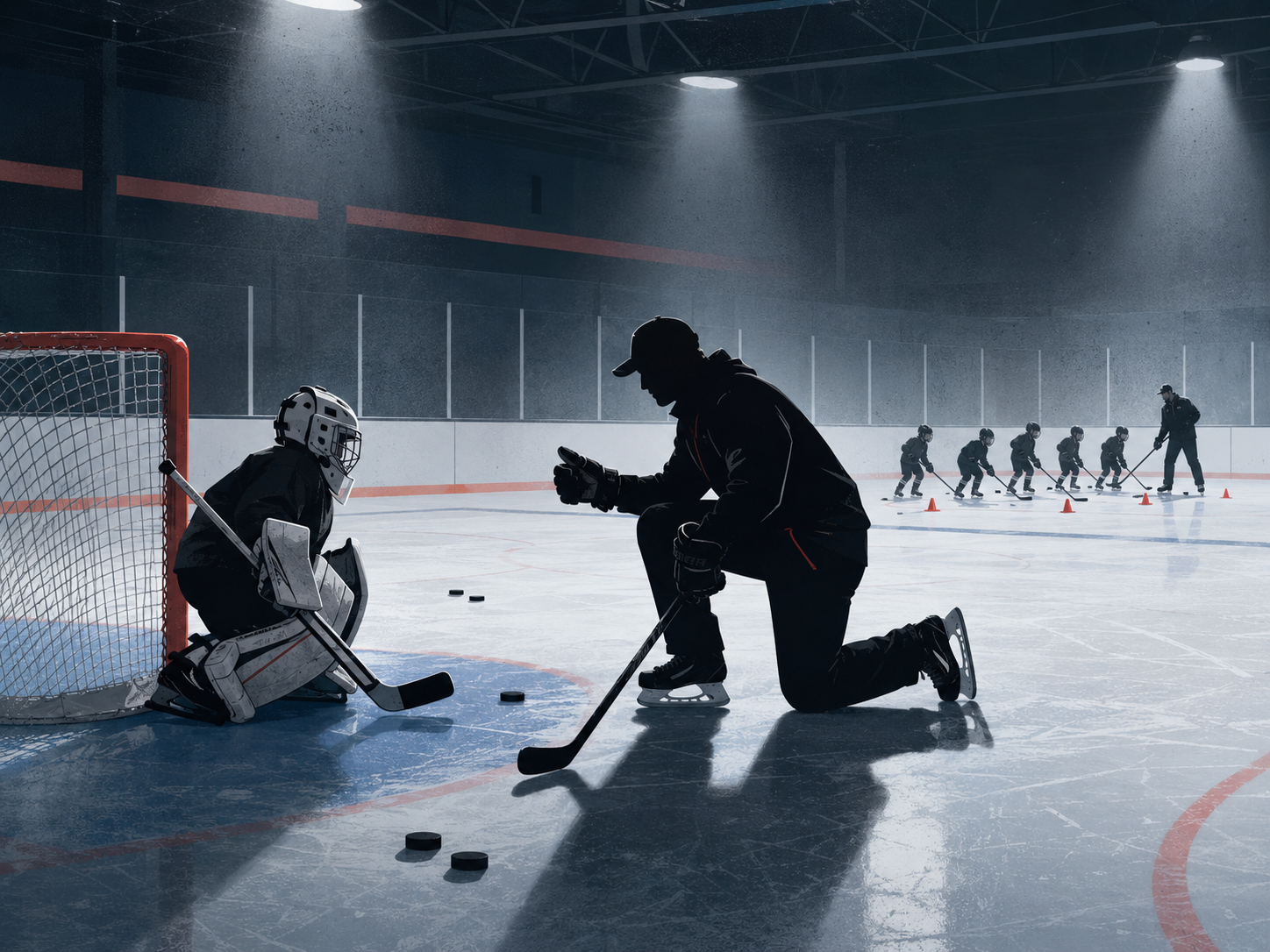A goalie coach working one-on-one with a youth goalie while their team practises in the background